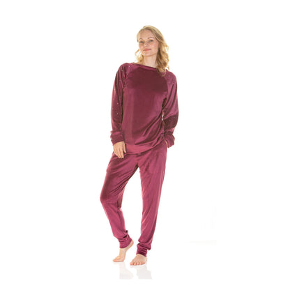 La Marquise Womens Velour Lounge Diamond Shoulder Pyjamas - Plum