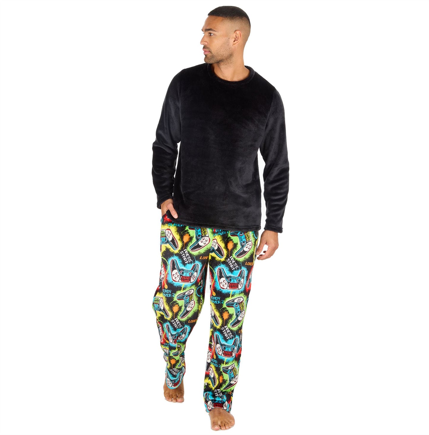 Cargo Bay Mens Fleece Pyjamas - Black/Gamer Print