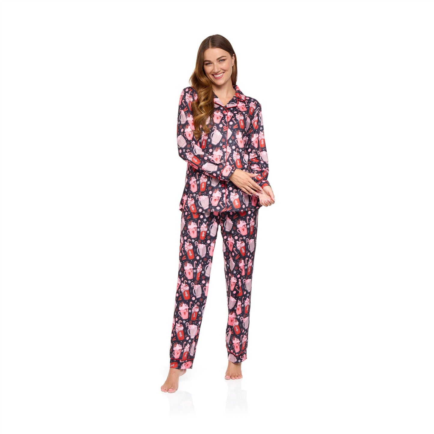 La Marquise Womens Jersey Knit Button Through Hot Chocolate Pyjamas - Black