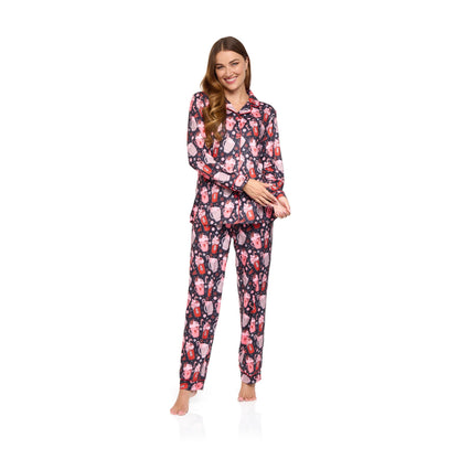 La Marquise Womens Jersey Knit Button Through Hot Chocolate Pyjamas - Black