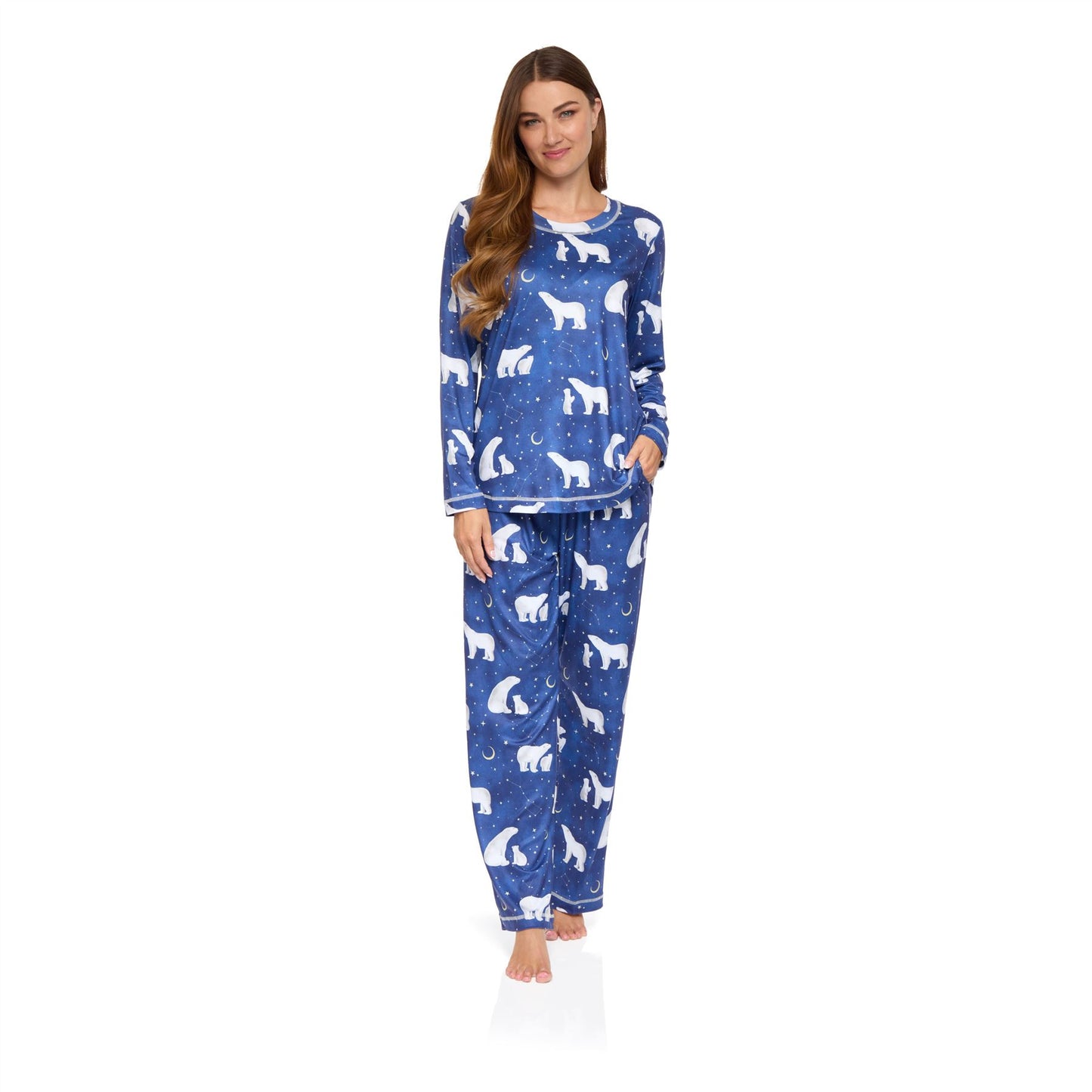 La Marquise Womens Jersey Knit Polar Bear Pyjamas - Navy