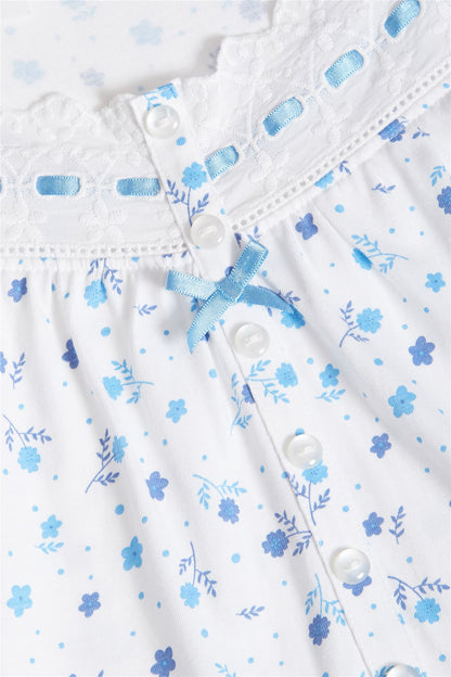 Cottonique Short Sleeve Floral Nightdress - White/Blue