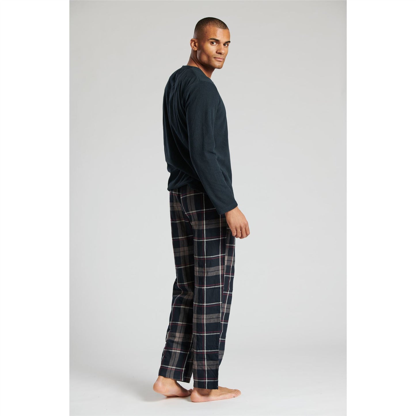 Loungeable Mens Ribbed Fleece/Woven Pyjamas - Navy/Navy Check
