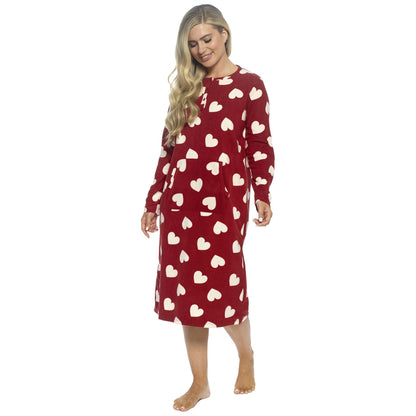 Wolf and Harte Womens Fleece Button Placket Nightdress - Wine Hearts Wolf and Harte
