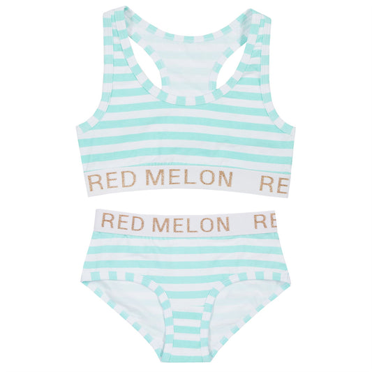 Red Melon Girls Crop Top Bra And Brief Set - Stripe