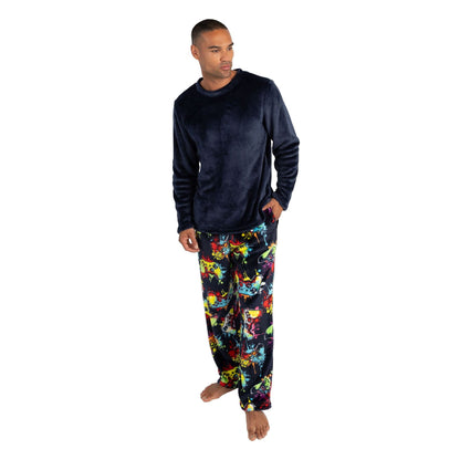Cargo Bay Mens Crew Neck Fleece Pyjamas - Navy Check Cargo Bay