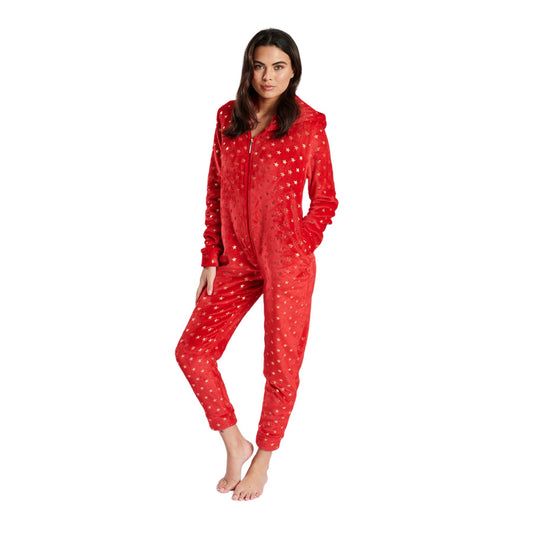 Loungeable Womens Star Fleece Onesie - Red/Gold