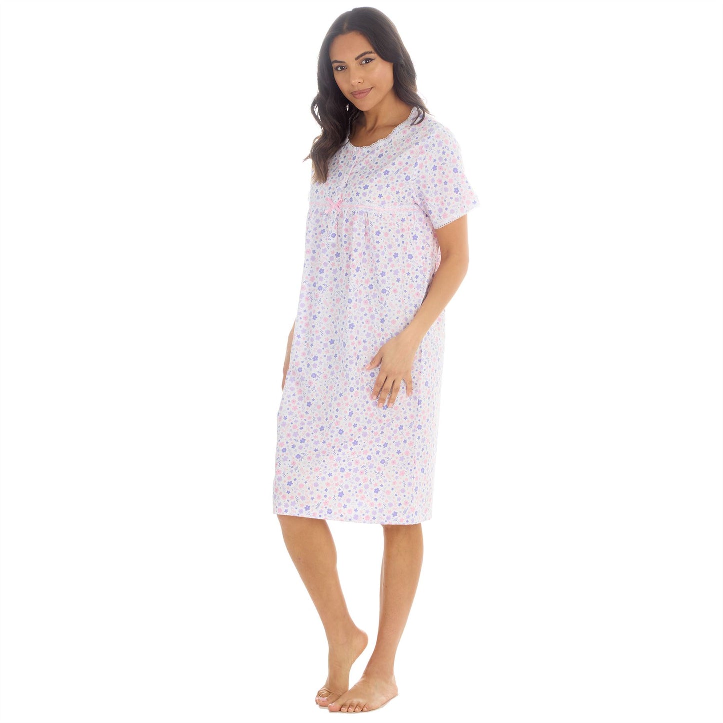 Countess Christie Short Sleeve Woven Poplin Floral Nightdress - Purple/Pink
