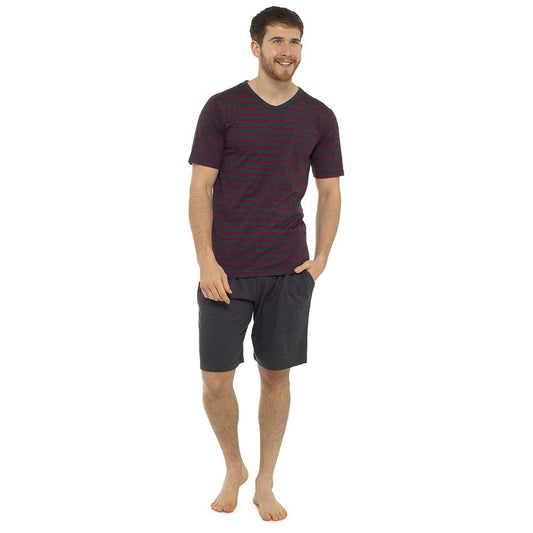 Tom Franks Mens Striped Short Sleeve/Shorts Pyjamas - Grey/Red