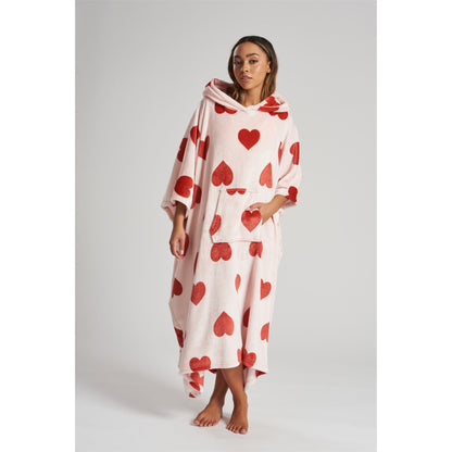 Loungeable Womens Heart Long Luxury Fleece Hooded Poncho - Pink