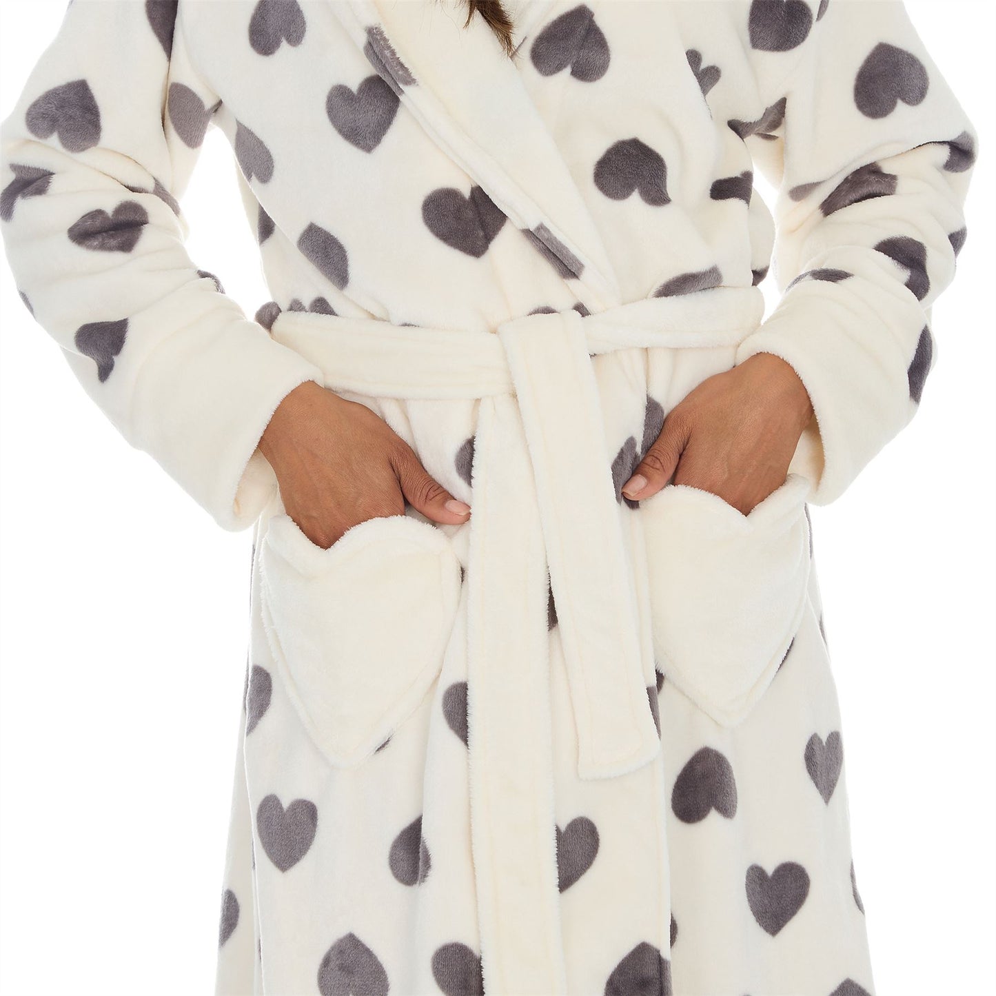 Forever Dreaming Womens Fleece Hooded Robe - Cream/Grey Hearts