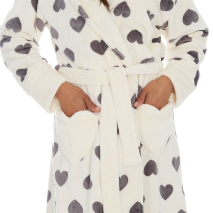 Forever Dreaming Womens Fleece Hooded Robe - Cream/Grey Hearts