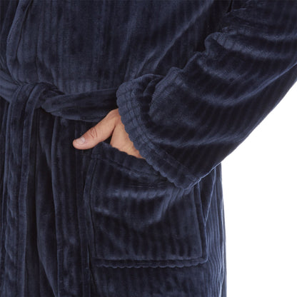 Pierre Roche Mens Vertical Clipped Fleece Hooded Robe - Navy