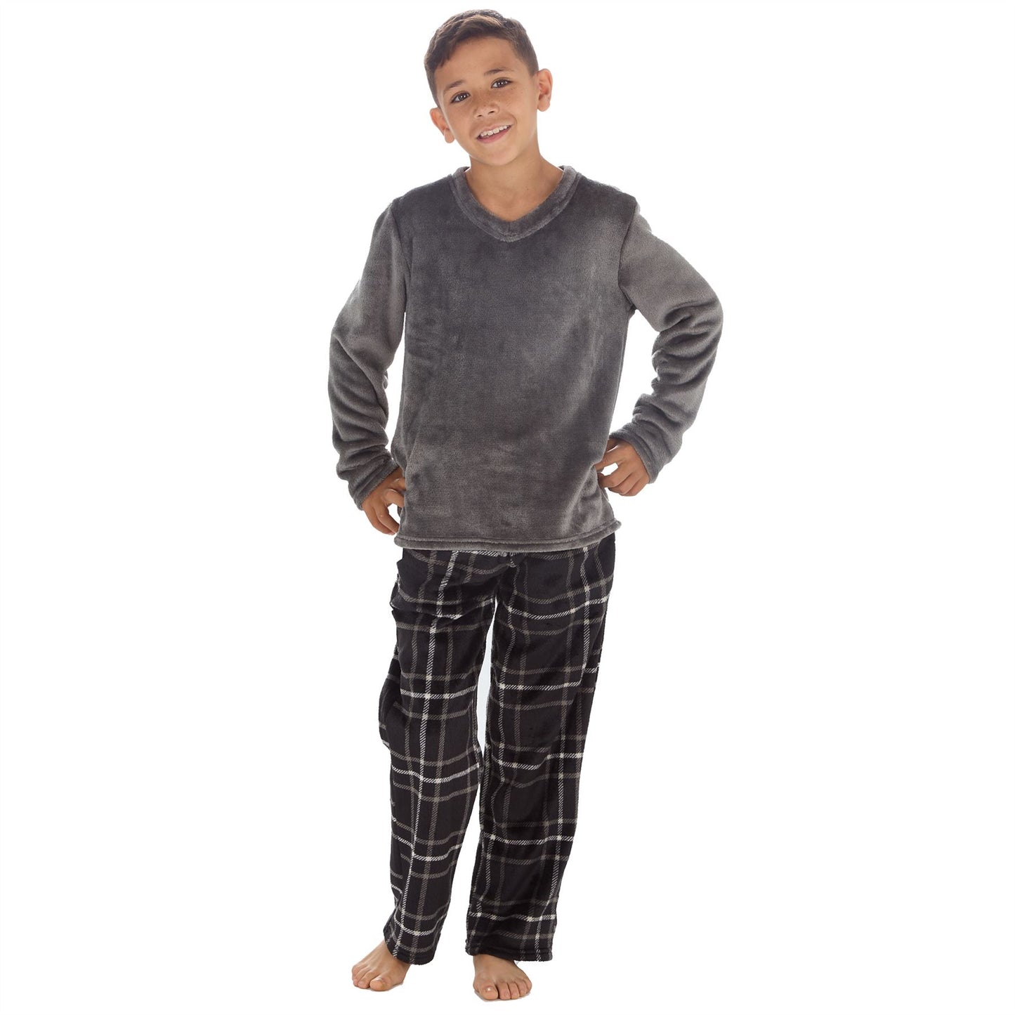 Cargo Bay Kids Fleece Pyjamas - Grey/Black Check