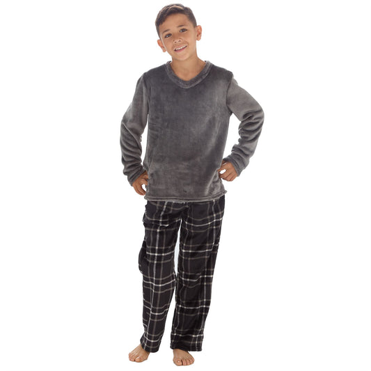 Cargo Bay Kids Fleece Pyjamas - Grey/Black Check