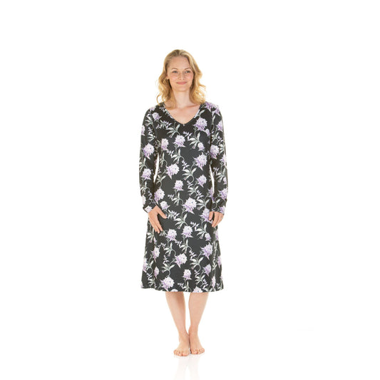La Marquise Womens Floral Garden Long Sleeve Nightdress - Black