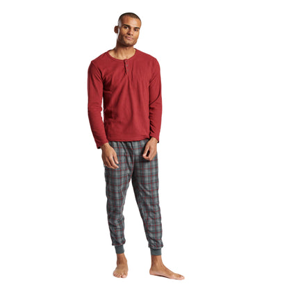 Loungeable Mens Ribbed Fleece Pyjamas - Red/Grey Check