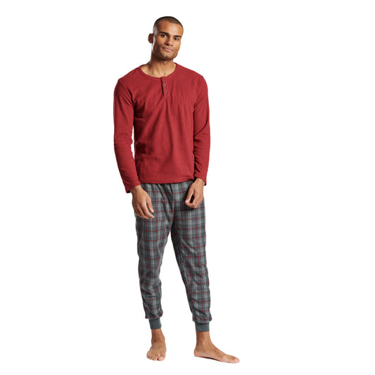 Loungeable Mens Ribbed Fleece Pyjamas - Red/Grey Check