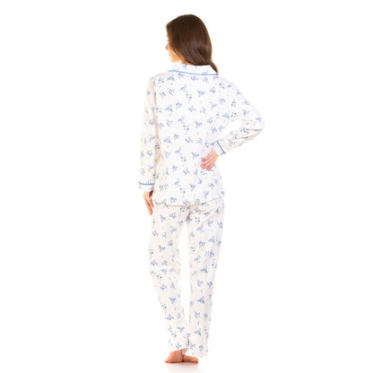 Sue Marks Womens Floral Button Through Brushed Cotton Pyjamas - Blue