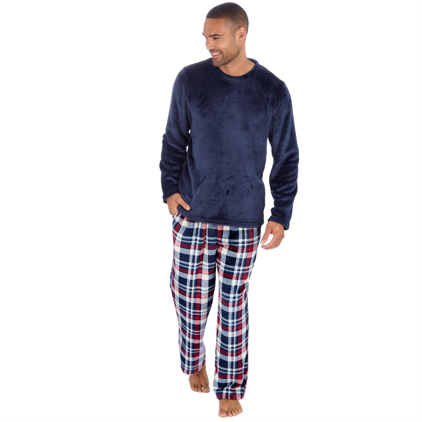 Cargo Bay Mens Fleece Check Pyjamas - Navy/Burgundy Check