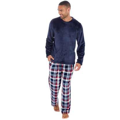 Cargo Bay Mens Fleece Check Pyjamas - Navy/Burgundy Check