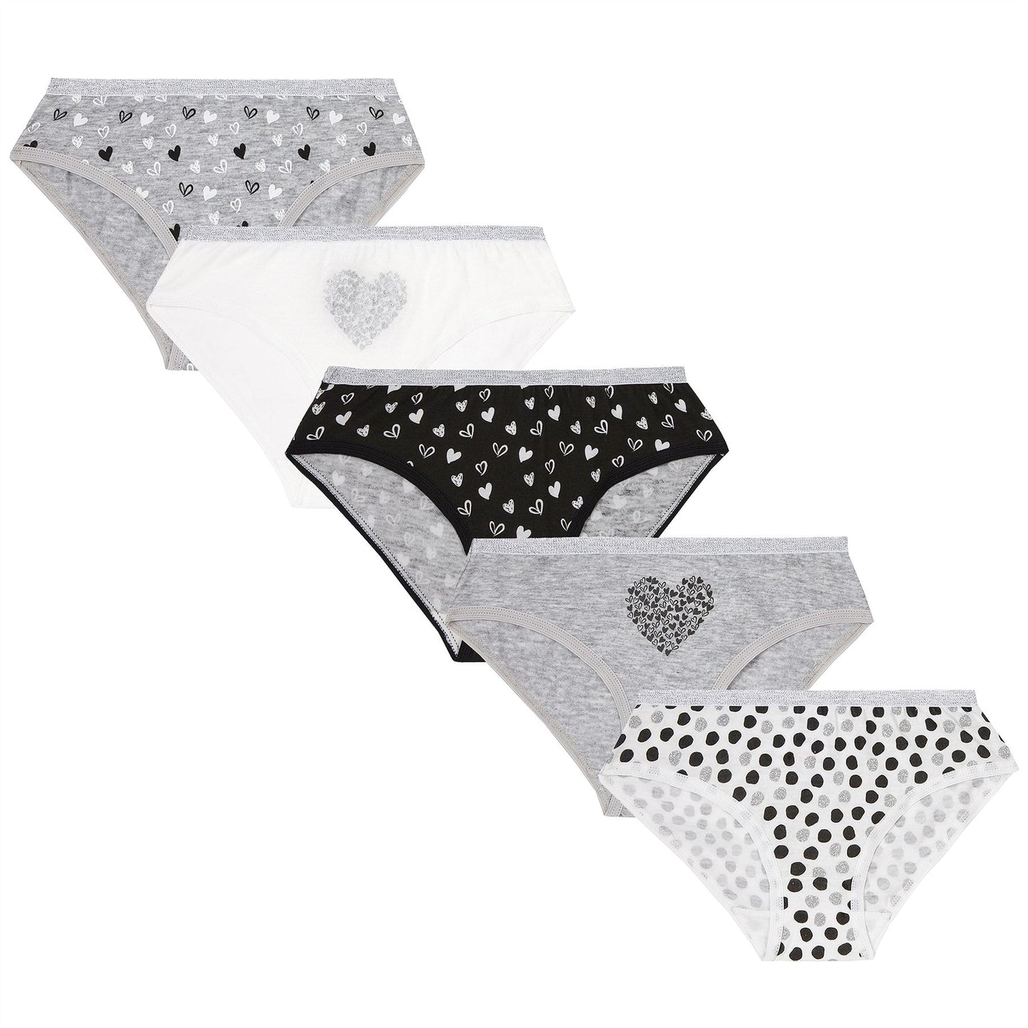 4Kidz Girls Briefs (5 Pack) - Monochrome/Hearts (2-6 Years)