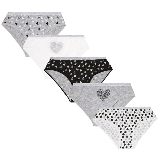 4Kidz Girls Briefs (5 Pack) - Monochrome/Hearts (2-6 Years)