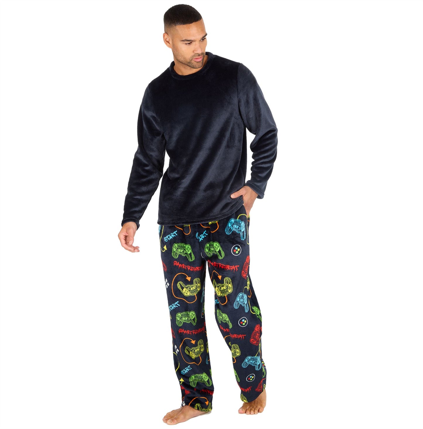 Cargo Bay Mens Fleece Pyjamas - Navy/Gaming Print
