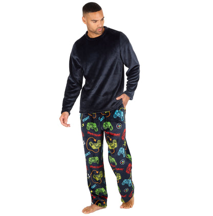 Cargo Bay Mens Fleece Pyjamas - Navy/Gaming Print