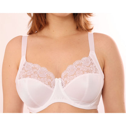 Gemm Full Cup Satin Floral Lace Bra - White