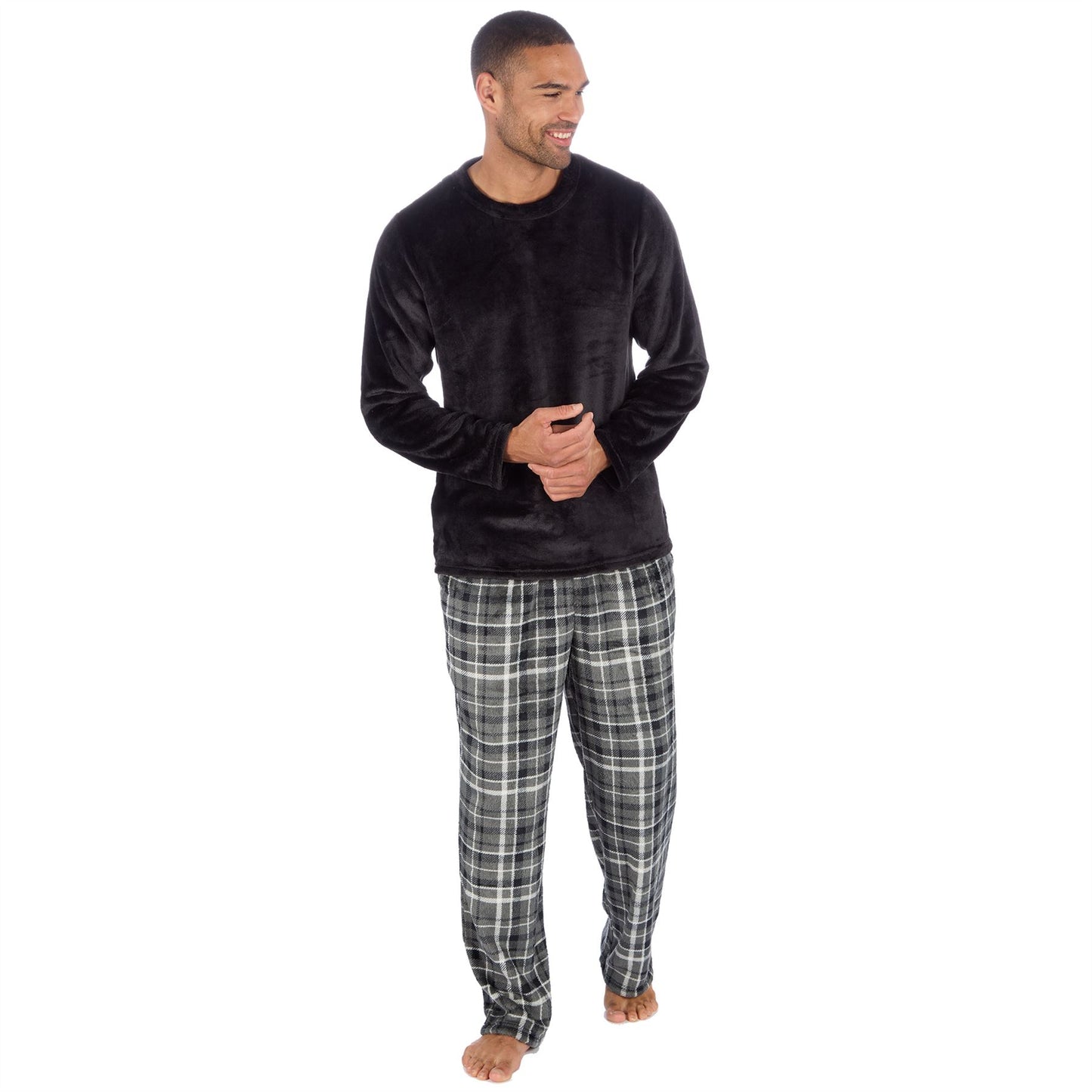 Cargo Bay Mens Fleece Check Pyjamas - Black/Grey Check