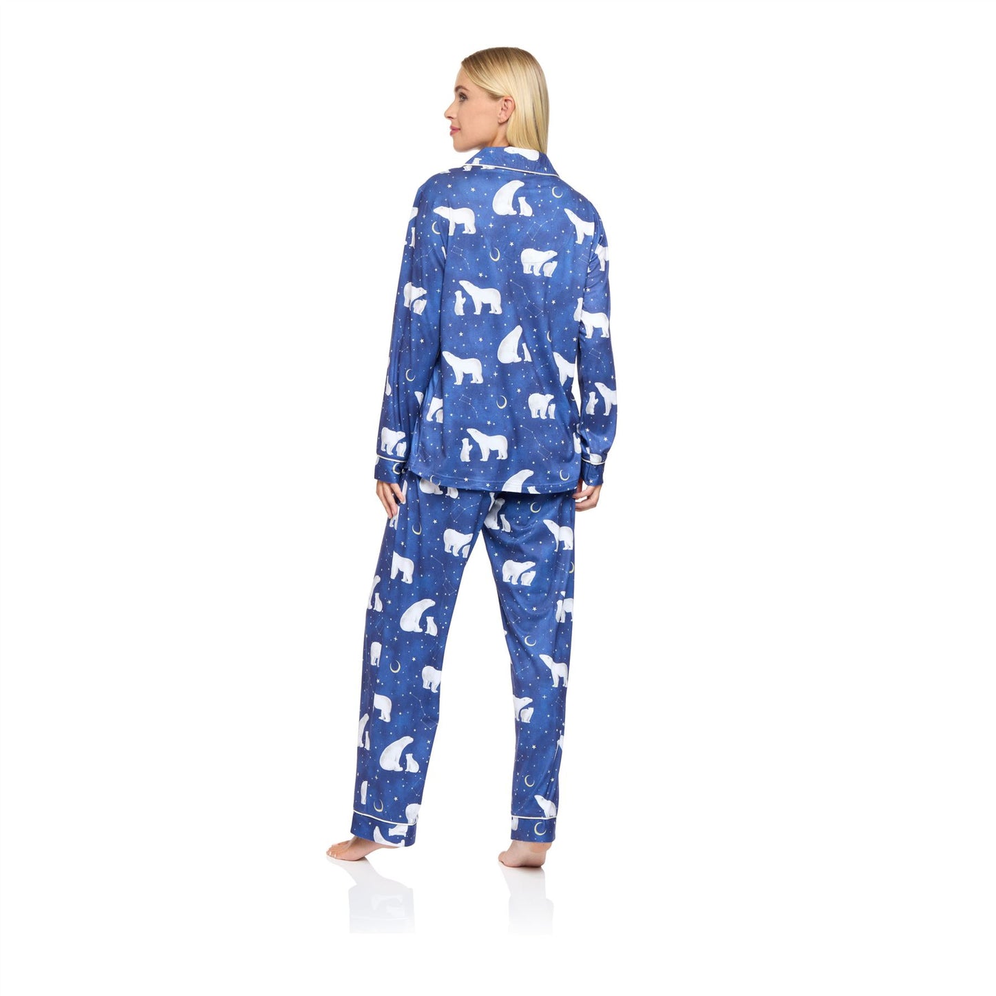 La Marquise Womens Jersey Knit Button Through Polar Bear Pyjamas - Navy