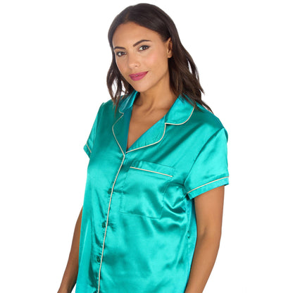 Slumber Party Womens Satin Pyjama Top and Shorts - Teal