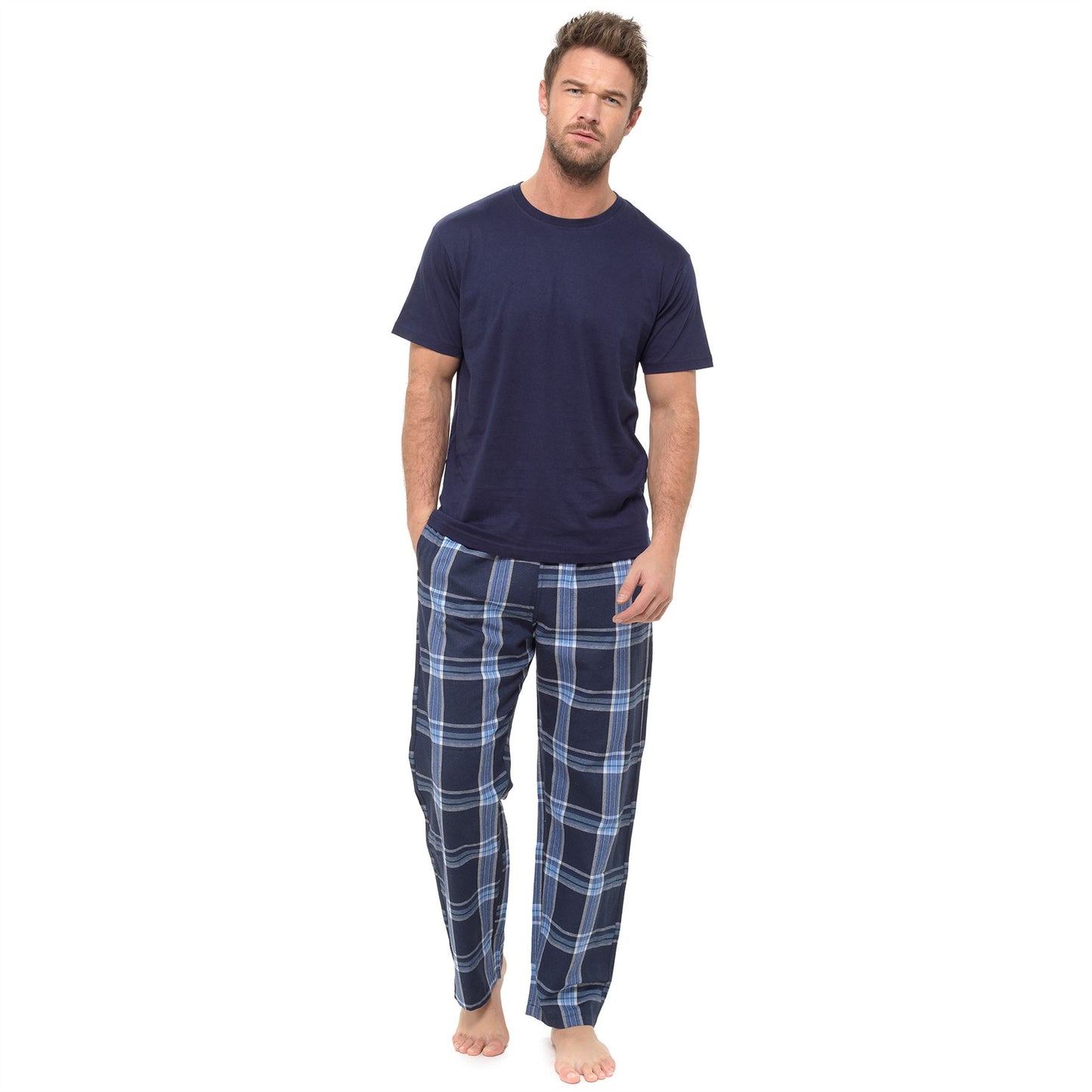Foxbury Mens Short Sleeve T Shirt and Check Bottoms - Navy