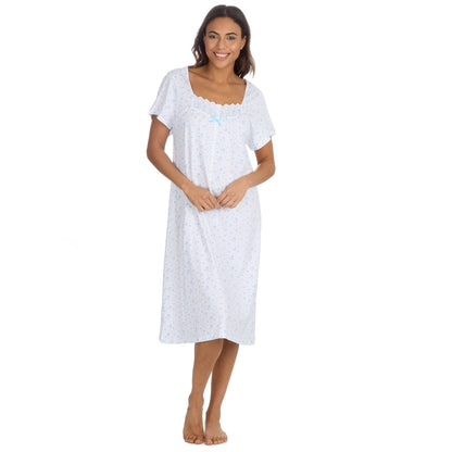 Cottonique Short Sleeve Floral Nightdress - White/Blue Cottonique