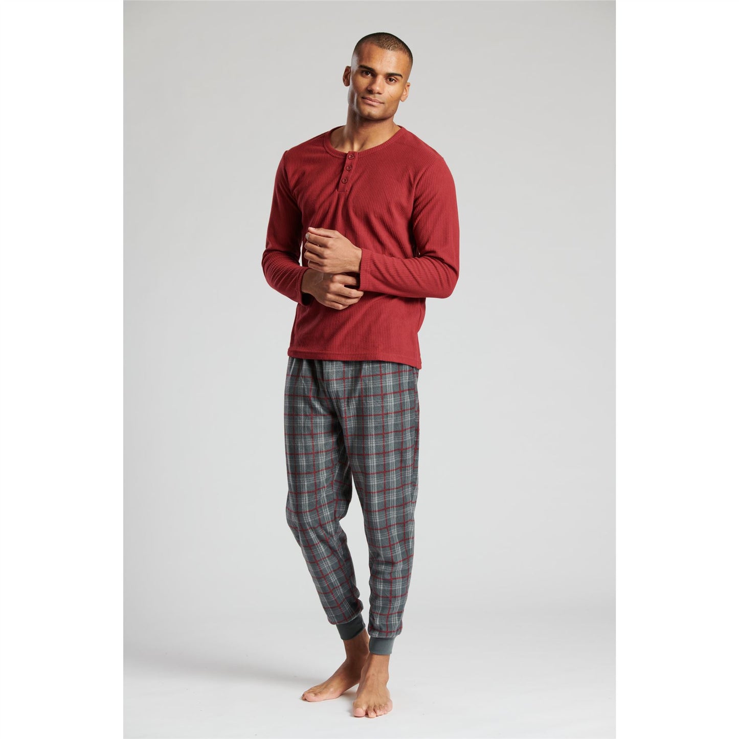Loungeable Mens Ribbed Fleece Pyjamas - Red/Grey Check
