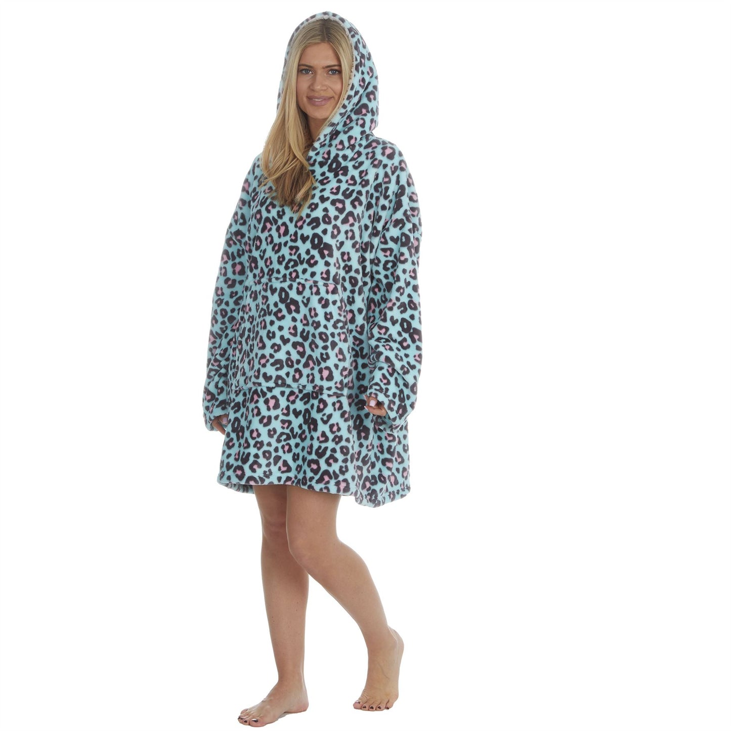 Forever Dreaming Womens Oversized Fleece Hoodie - Aqua Leopard