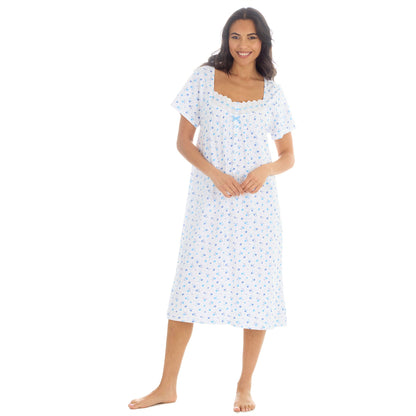 Cottonique Short Sleeve Floral Nightdress - White/Blue