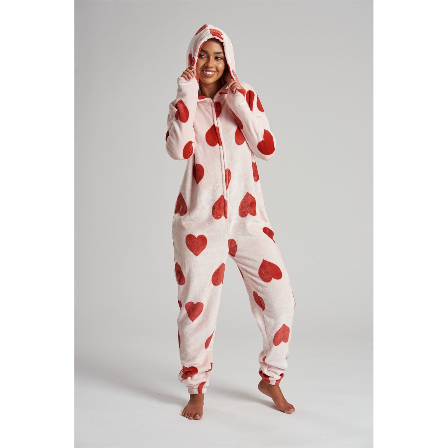 Loungeable Womens Heart Luxury Fleece Onesie - Pink