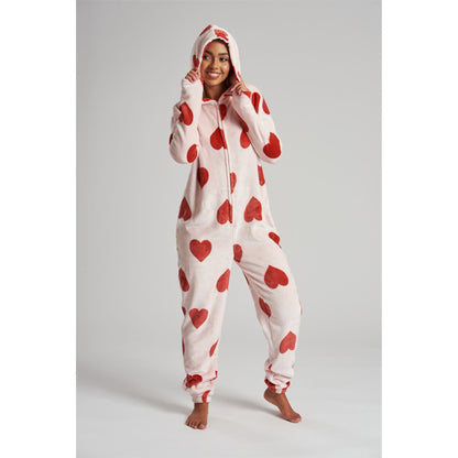 Loungeable Womens Heart Luxury Fleece Onesie - Pink