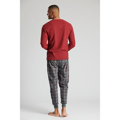 Loungeable Mens Ribbed Fleece Pyjamas - Red/Grey Check