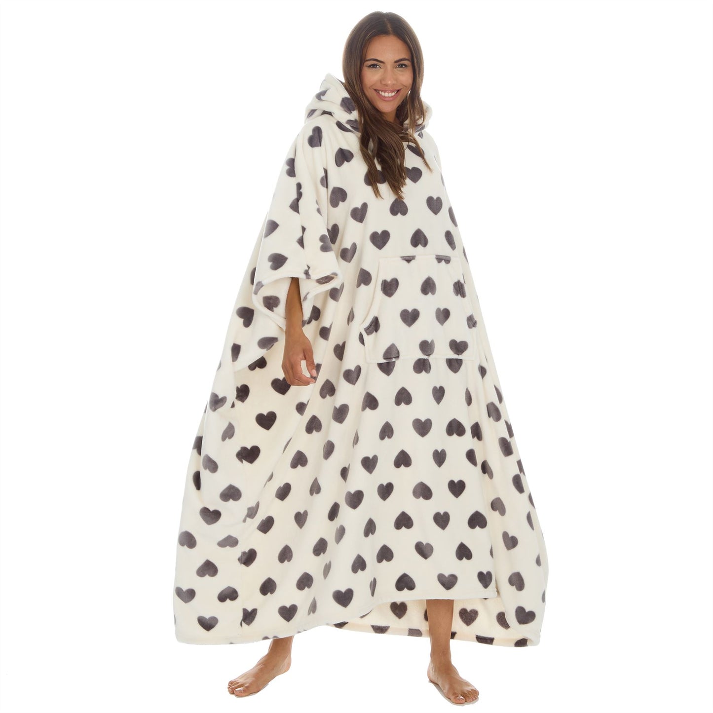 Huggable Hoodie Womens Fleece Oversized Poncho - Cream/Grey Hearts