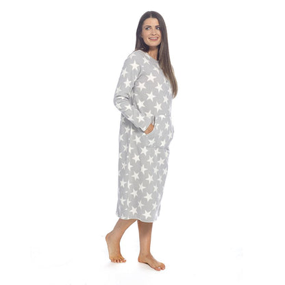 Wolf and Harte Womens Fleece Button Placket Nightdress - Grey Stars