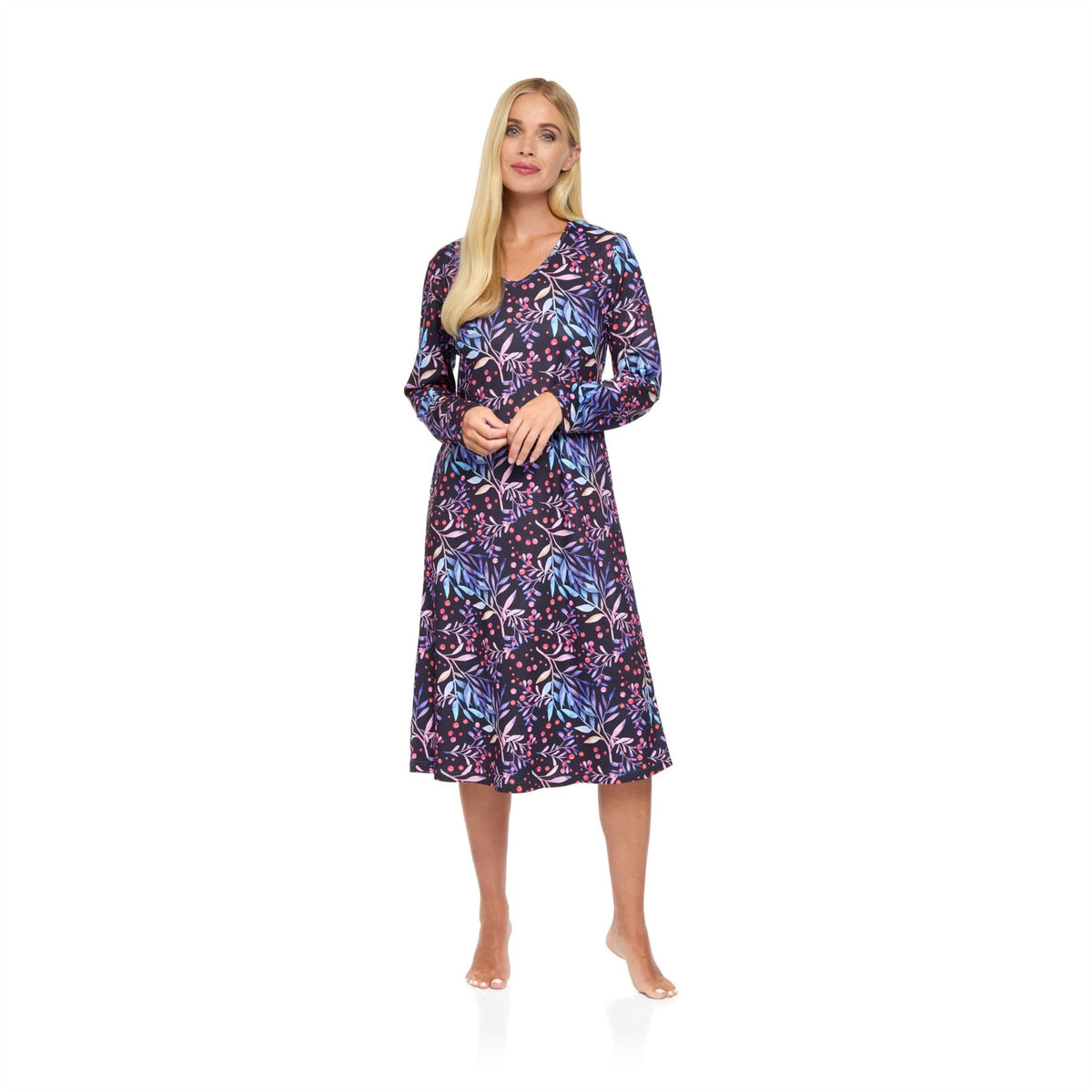 La Marquise Womens 'Berried Treasure' Long Sleeve Jersey Nightdress - Navy La Marquise