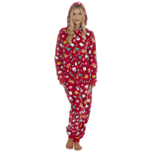 Slumber Party Unisex Christmas Print Flannel Fleece Onesie - Red