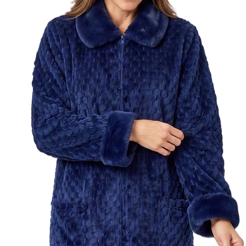 Marlon Womens Jacquard Puff Fleece Zip Robe - Navy Marlon