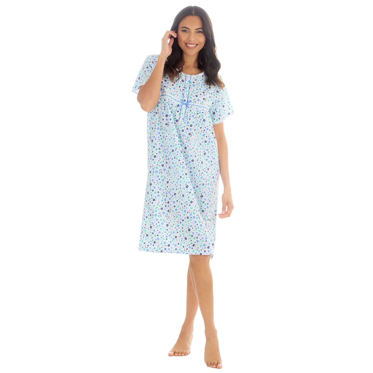 Countess Christie Short Sleeve Woven Poplin Floral Nightdress - Blue/Mint