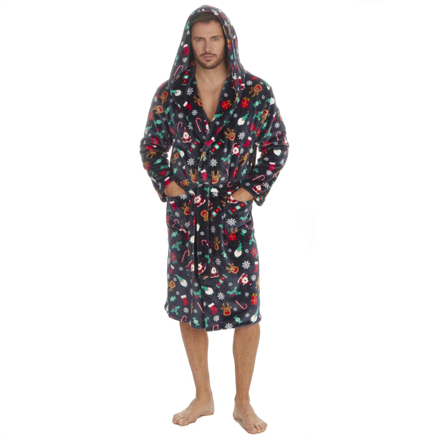 Onezee Unisex Christmas Print Flannel Fleece Robe - Navy