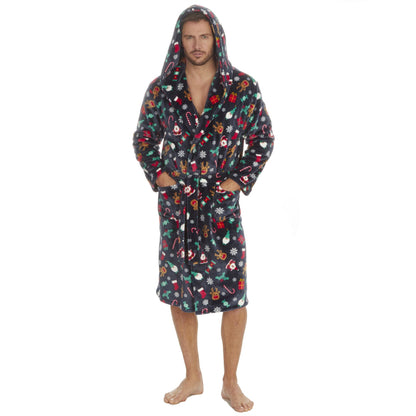 Onezee Unisex Christmas Print Flannel Fleece Robe - Navy
