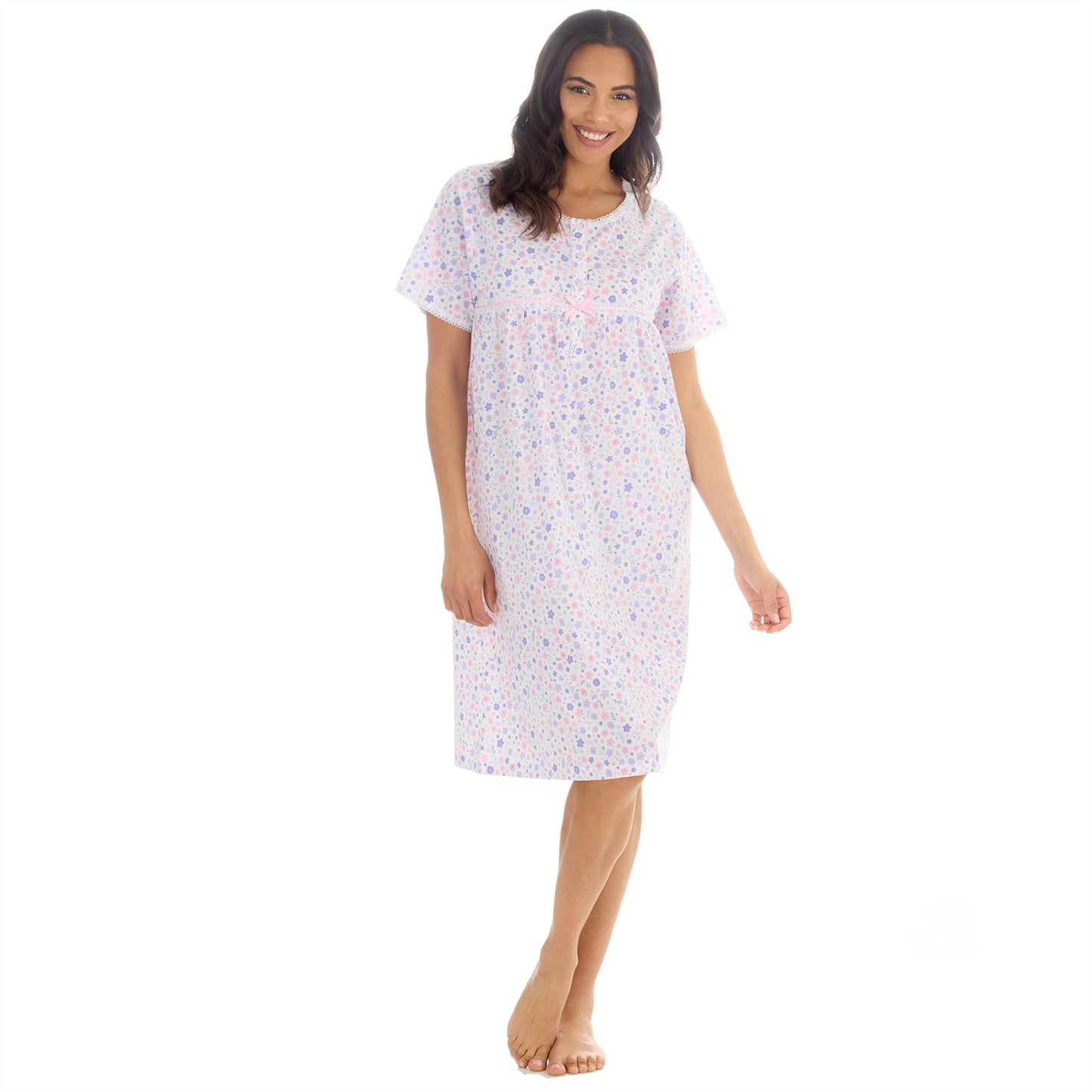 Countess Christie Short Sleeve Woven Poplin Floral Nightdress - Purple/Pink